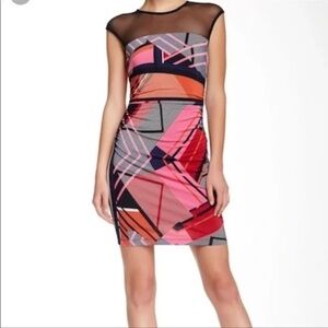 Trina Turk,Geo-Designed,Multi Ruched & Meshed Mini Dress, Large